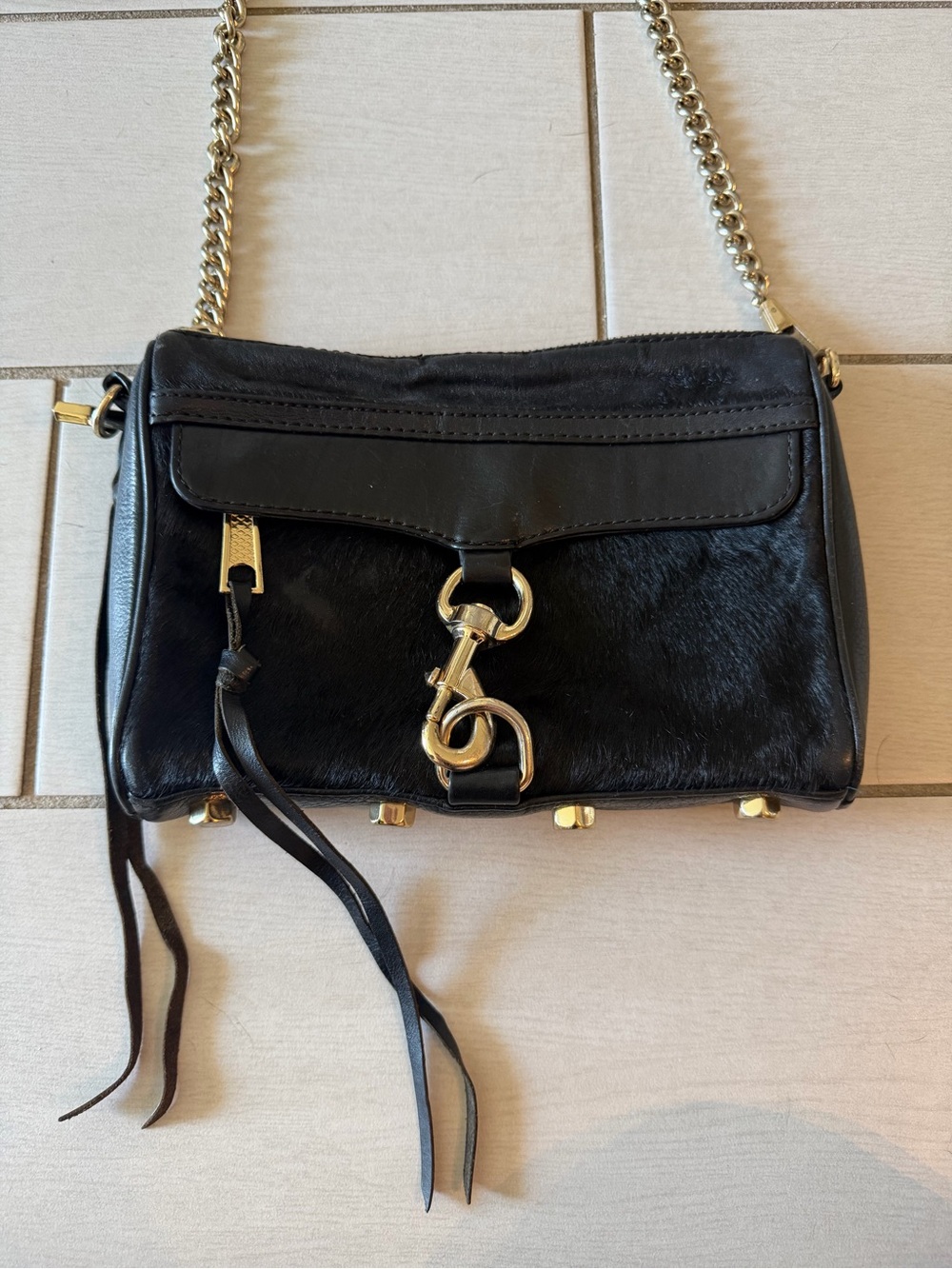 Rebecca Minkoff Black Leather & Haircalf Crossbody with Gold Hardware